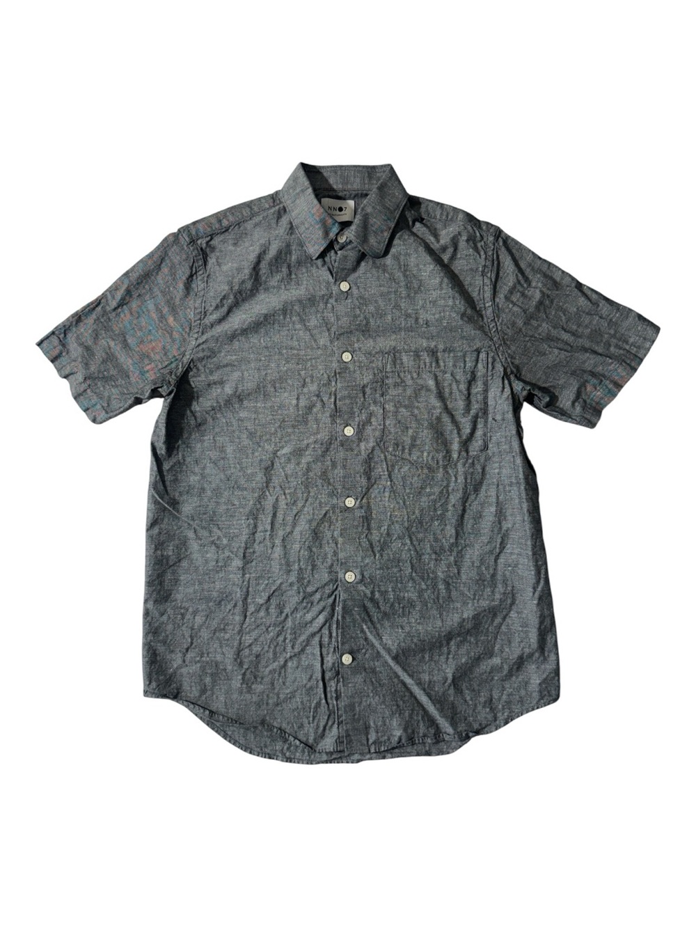NN07 No Nationality mens M Medium blue cotton linen short sleeve button up shirt